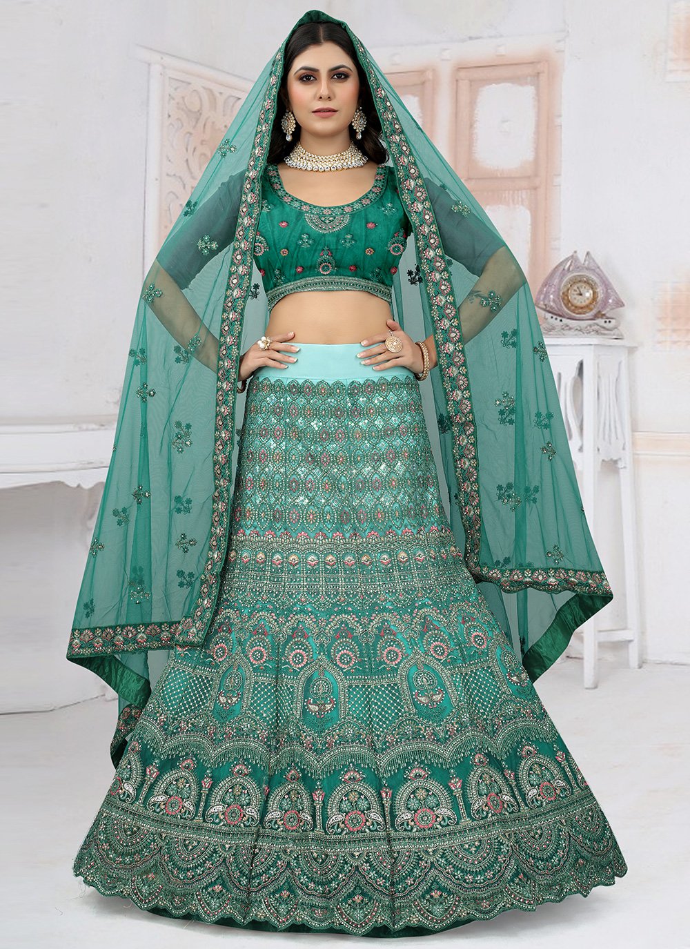 Readymade Lehenga Choli Net Rama Embroidered Lehenga Choli