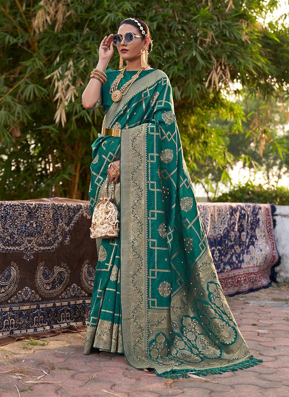 Designer Silk Rama Swarovski Saree