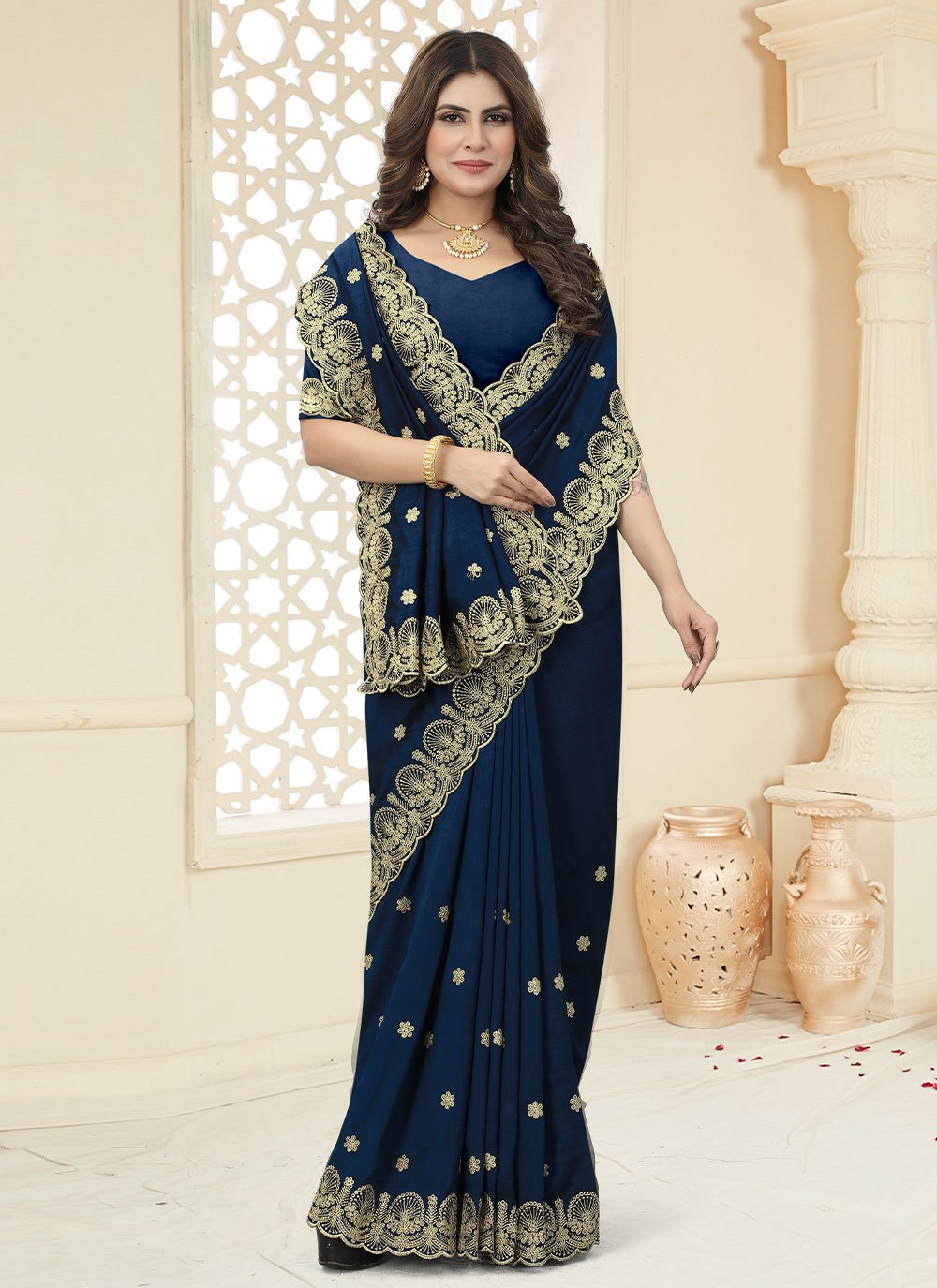 Classic Vichitra Silk Rama Cut Work Saree