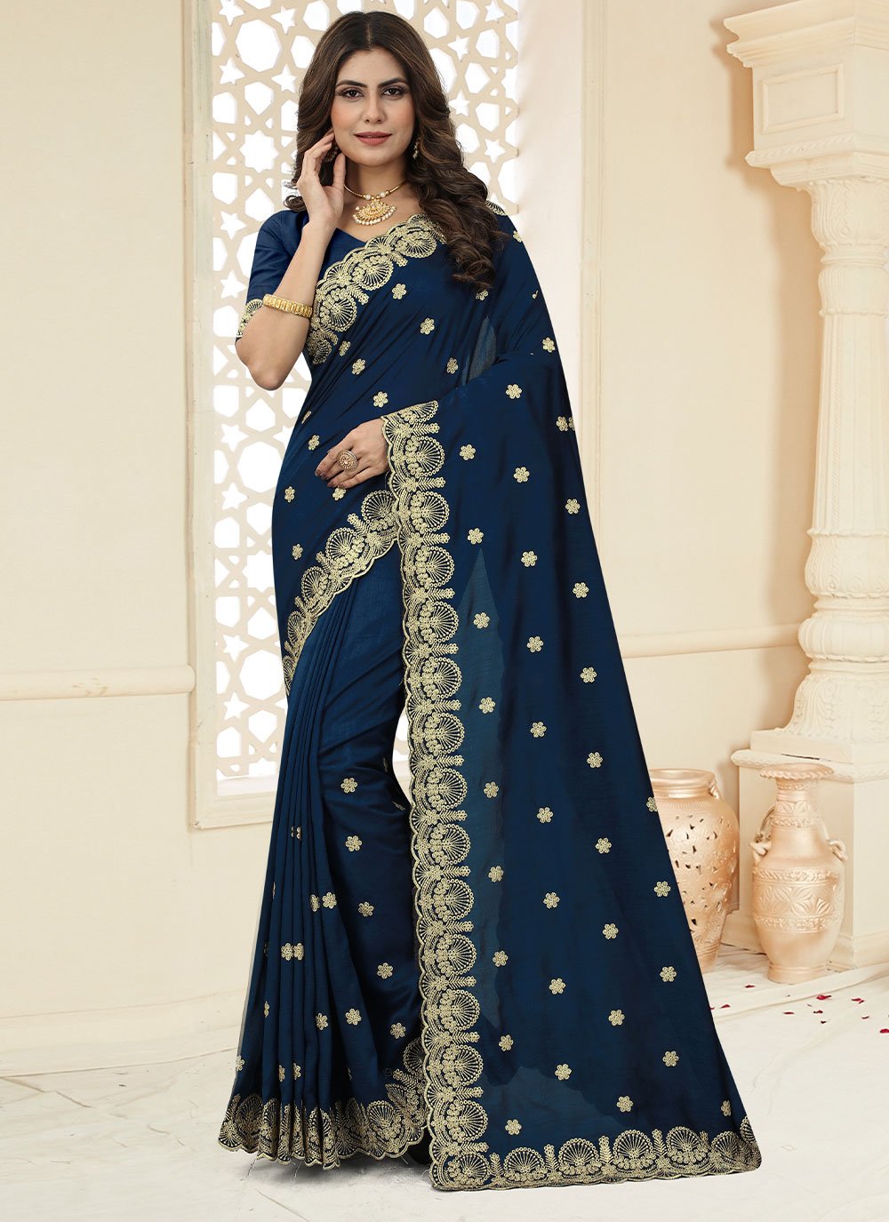 Classic Vichitra Silk Rama Cut Work Saree