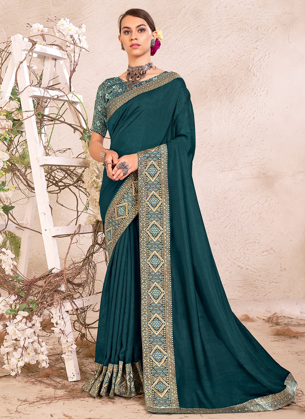 Trendy Saree Vichitra Silk Rama Jacquard Work Saree