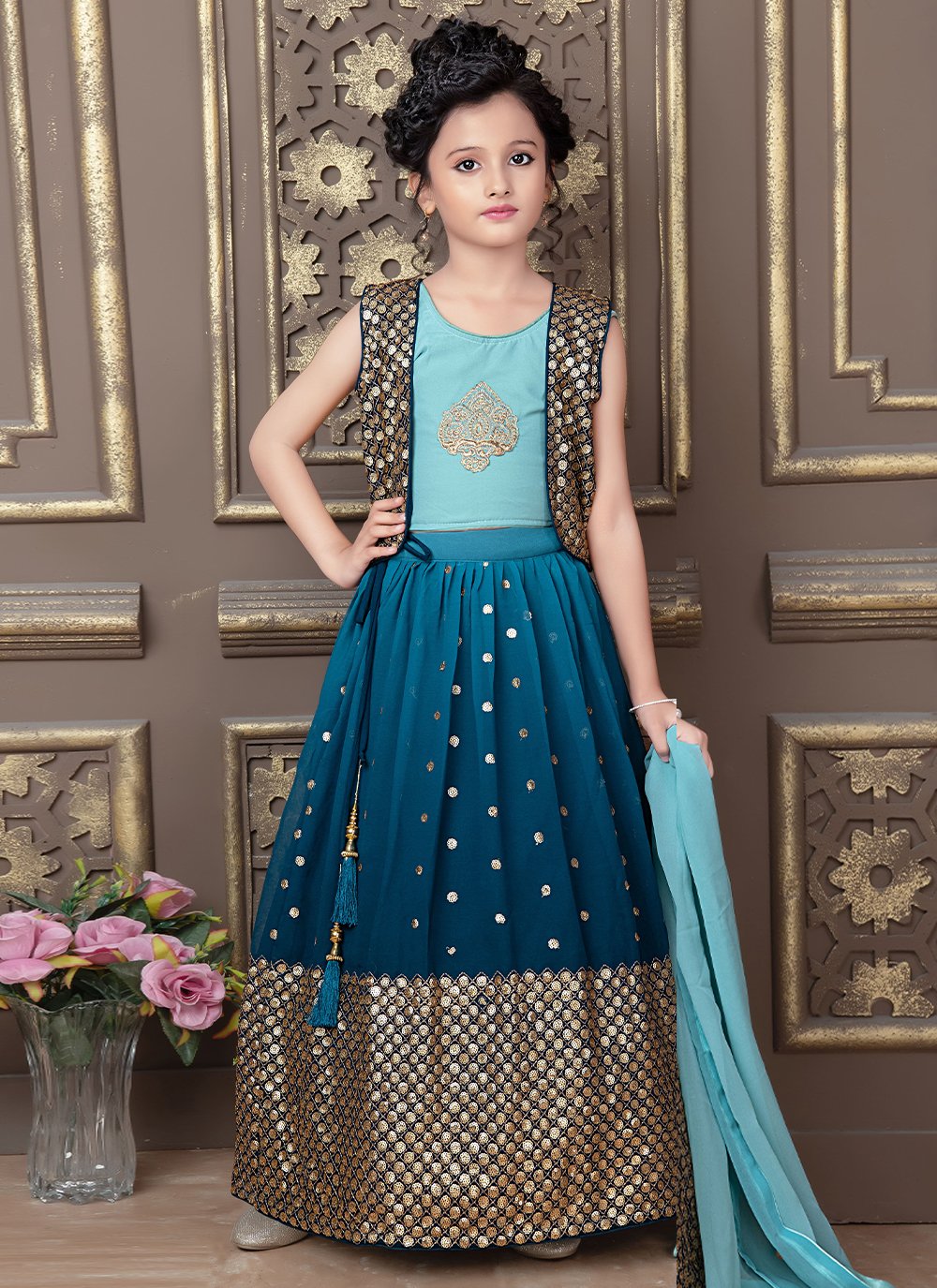 Lehenga Choli Georgette Rama Embroidered Kids