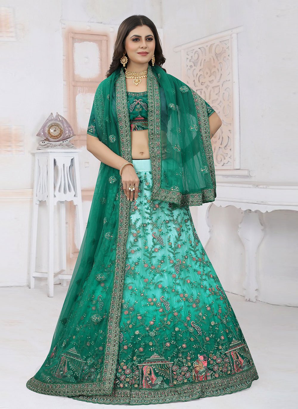 Lehenga Choli Net Rama Aari Work Lehenga Choli