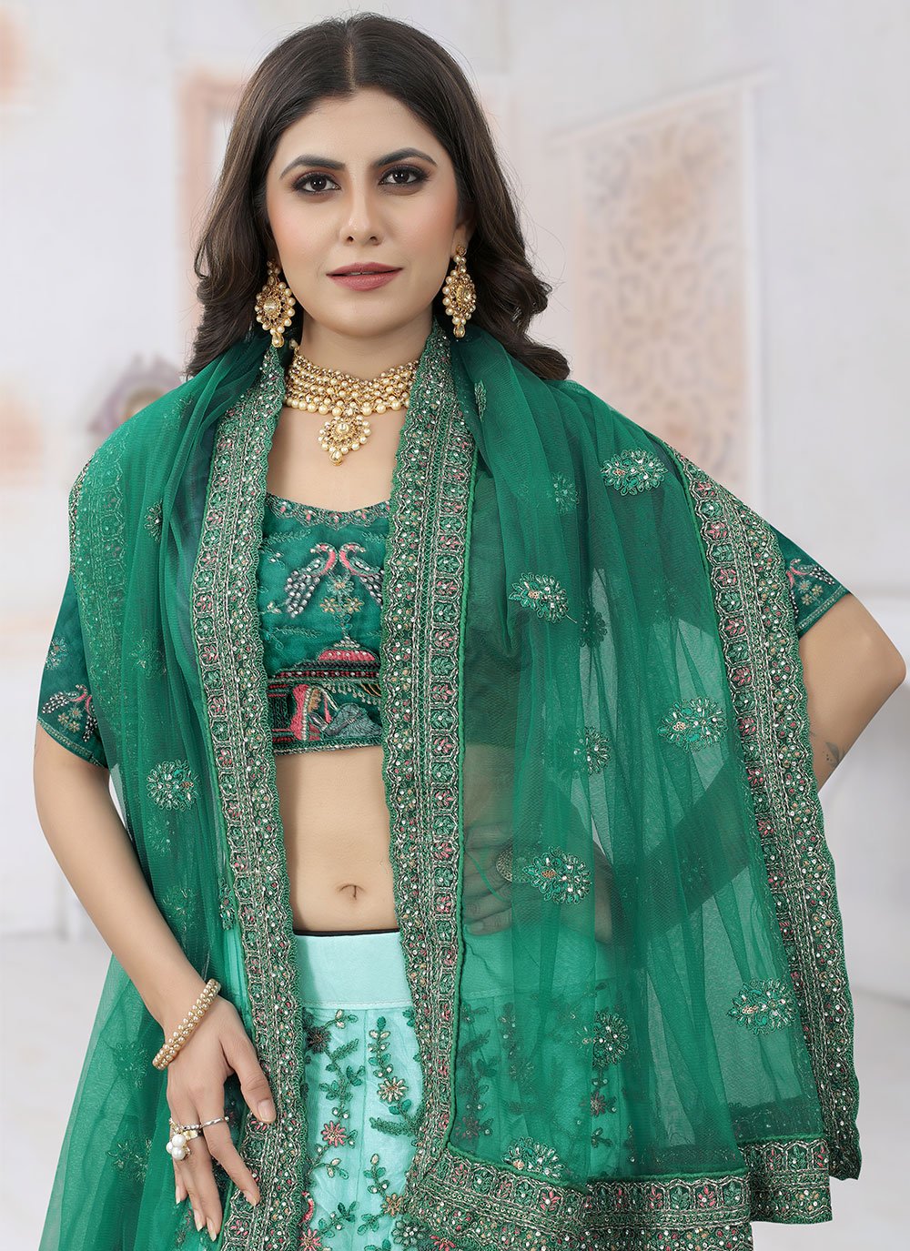 Lehenga Choli Net Rama Aari Work Lehenga Choli