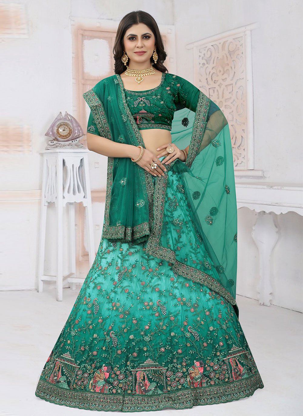 Lehenga Choli Net Rama Aari Work Lehenga Choli