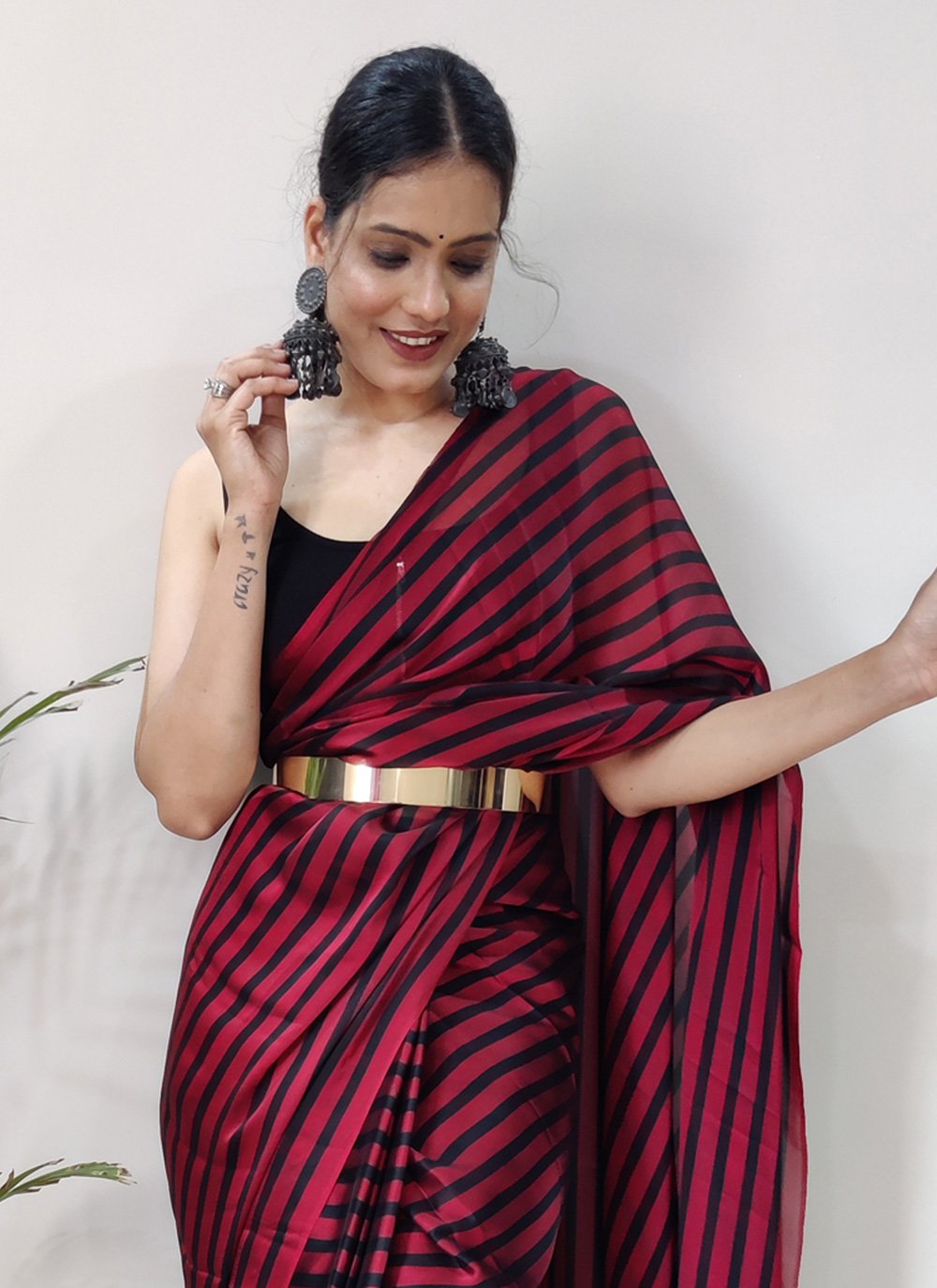 Classic Rangoli Silk Black Red Strips Print Saree