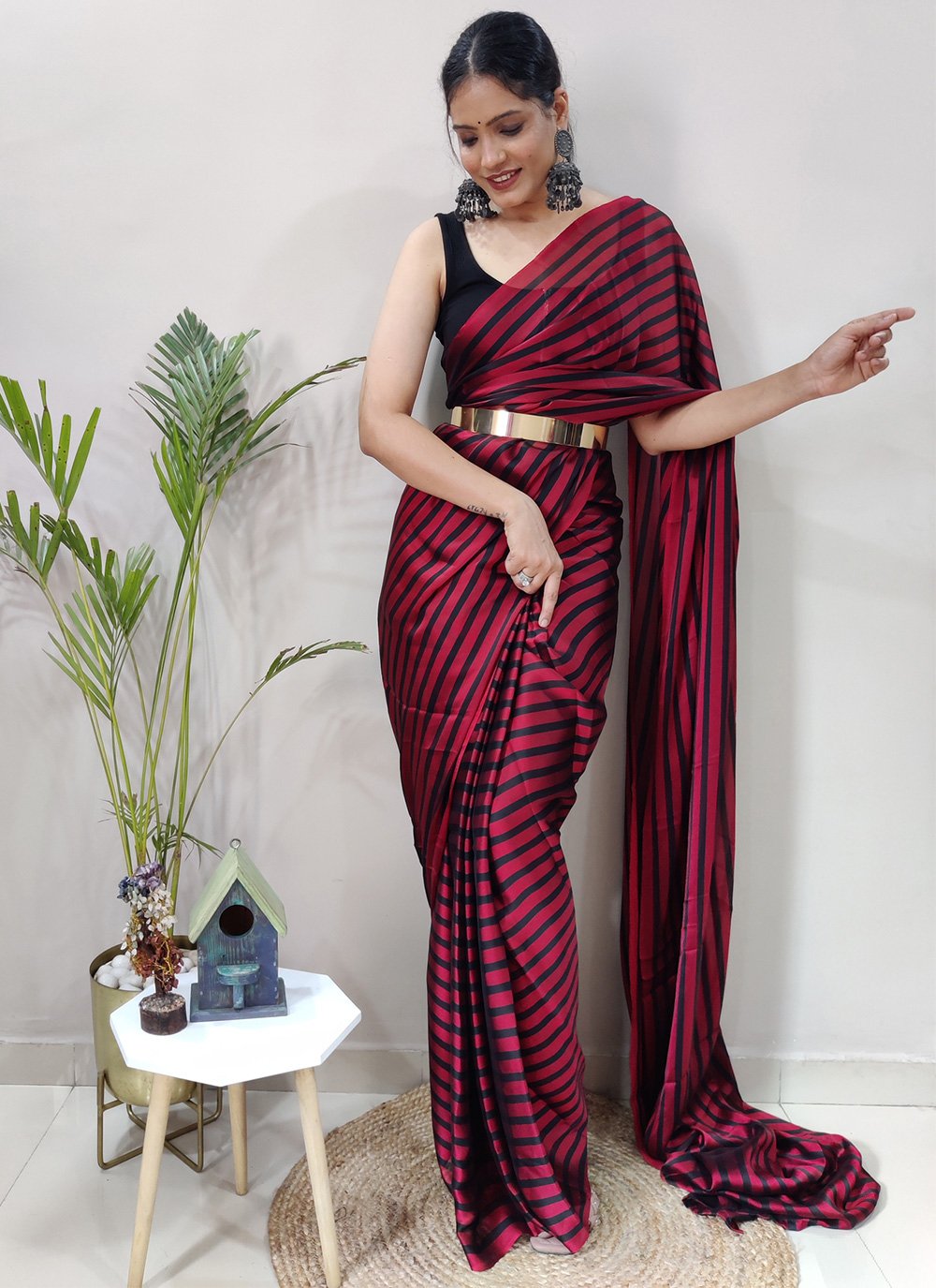 Classic Rangoli Silk Black Red Strips Print Saree