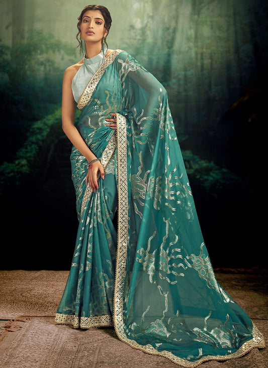 Classic Jacquard Rangoli Teal Fancy Work Saree