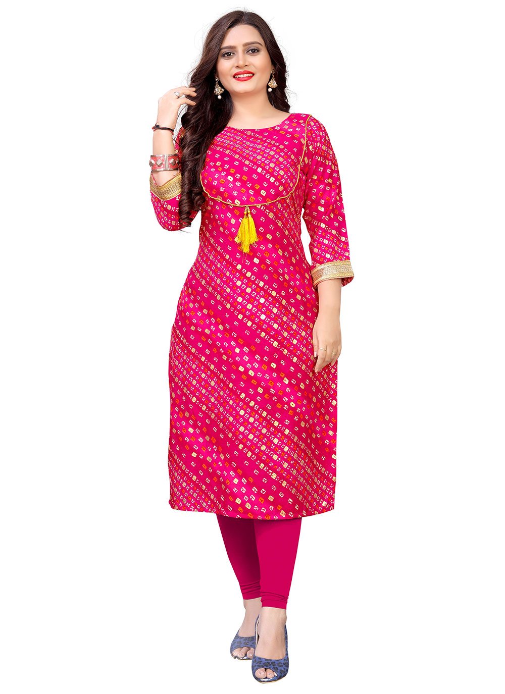 Party Wear Kurti Rayon Rani Foil Print Kurtis