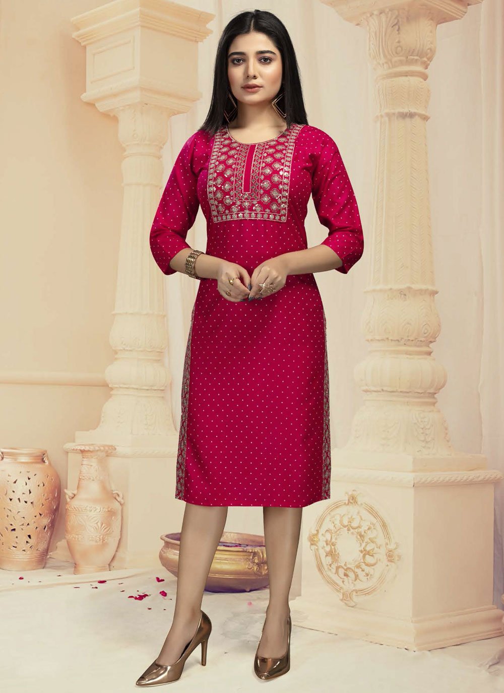 Designer Kurti Rayon Rani Embroidered Kurtis