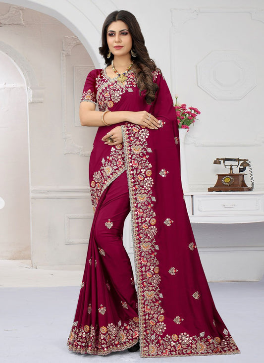 Classic Crepe Silk Rani Embroidered Saree