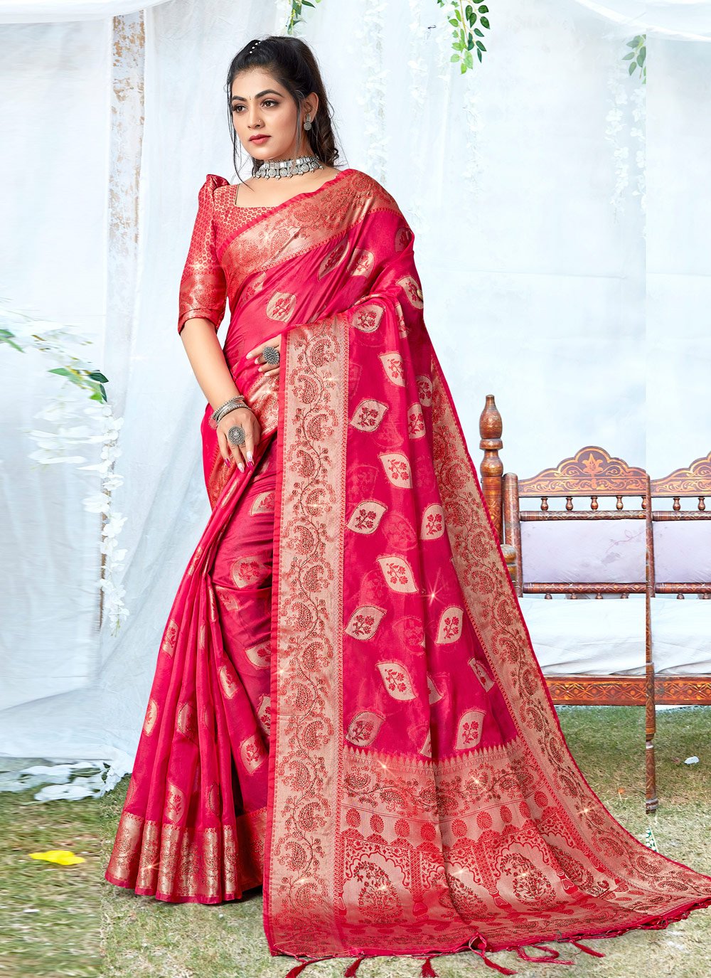 Traditional Saree Organza Rani Embroidered Saree