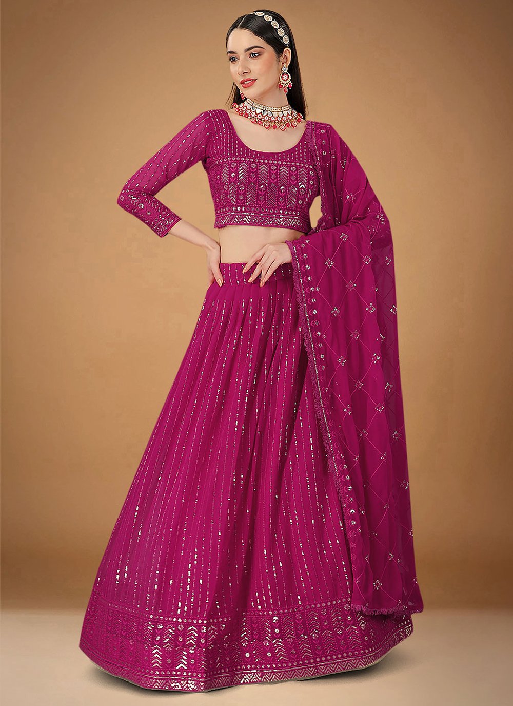 Lehenga Choli Faux Georgette Rani Embroidered Lehenga Choli