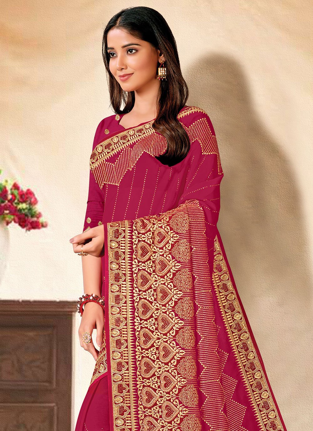 Contemporary Georgette Rani Embroidered Saree