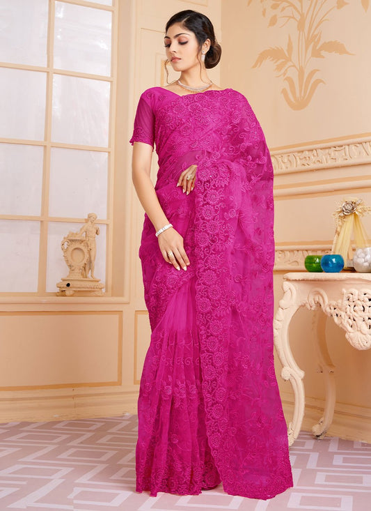 Contemporary Net Rani Embroidered Saree