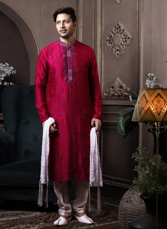 Kurta Pyjama Silk Rani Embroidered Mens