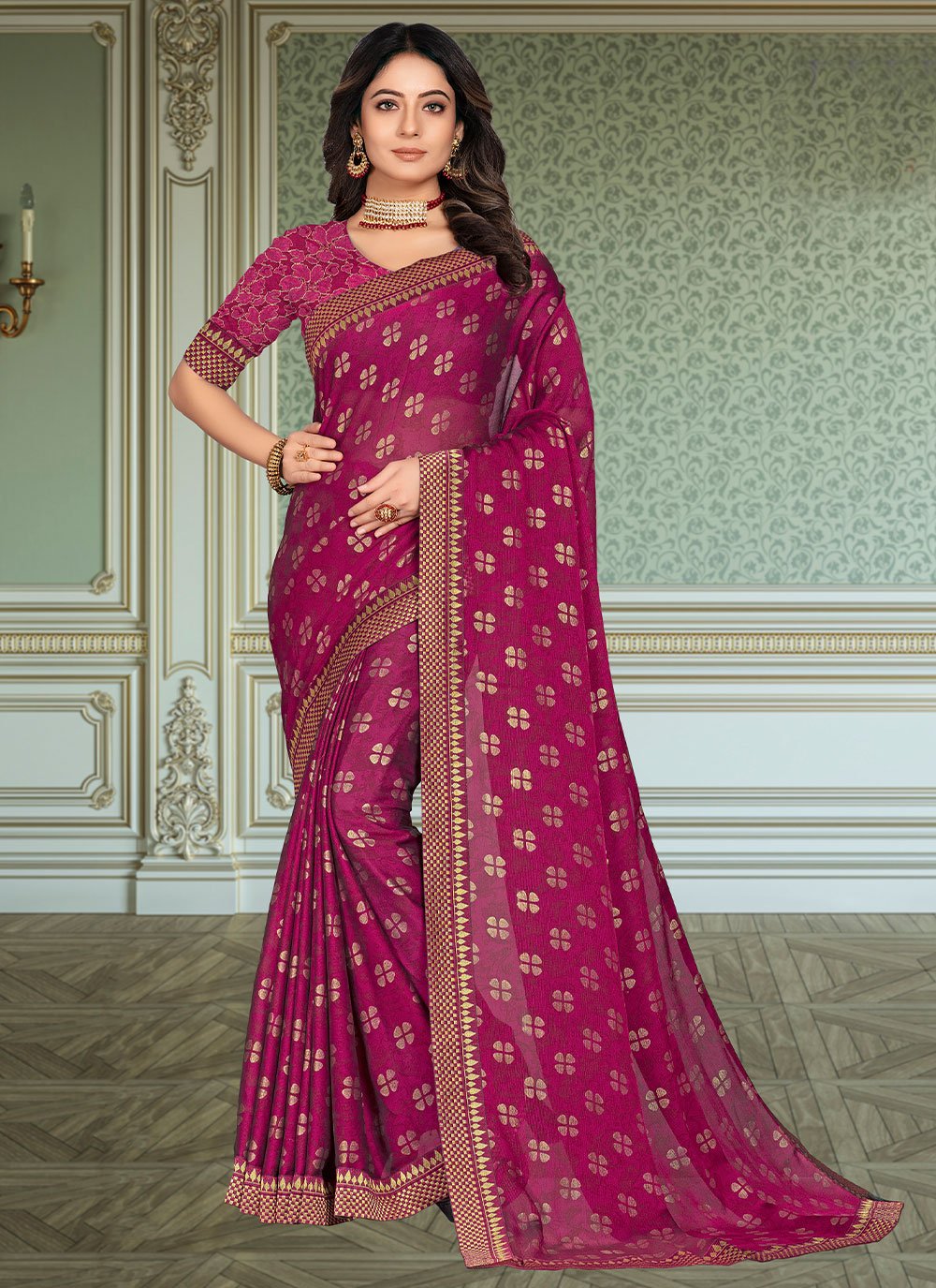 Contemporary Georgette Rani Fancy Work Saree