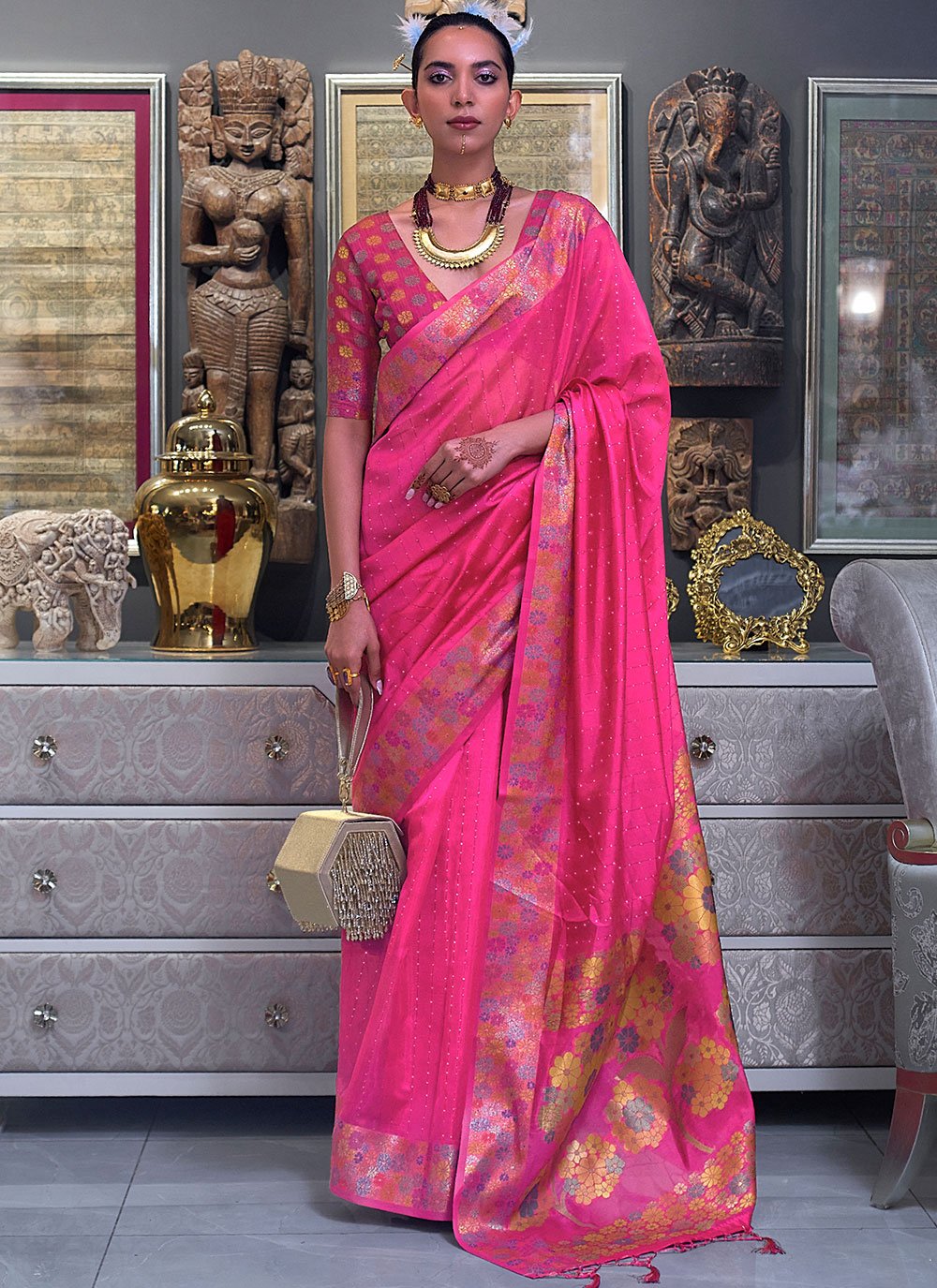 Trendy Saree Organza Rani Weaving Saree