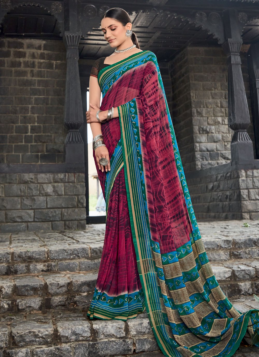 Contemporary Georgette Rani Print Saree