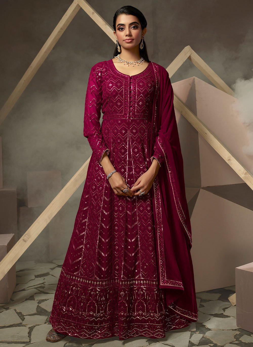 Gown Georgette Rani Lucknowi Work Gown