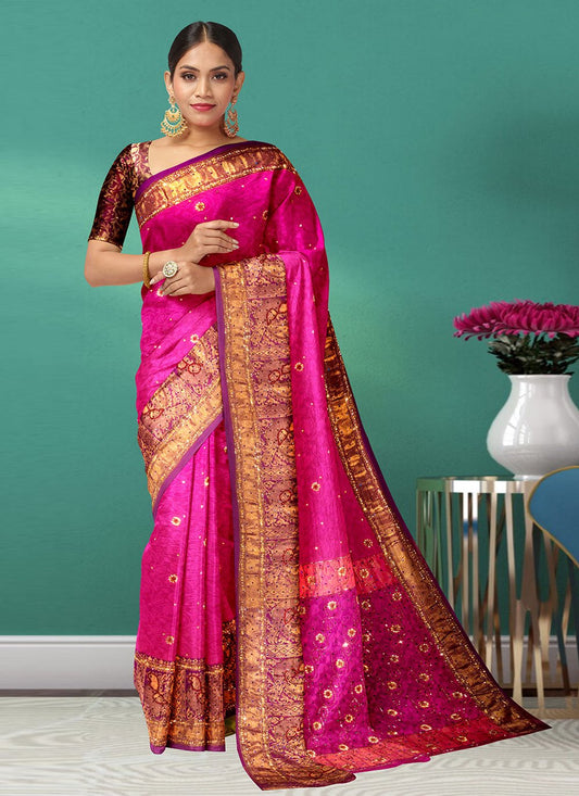 Trendy Saree Kanchipuram Silk Rani Hand Work Saree