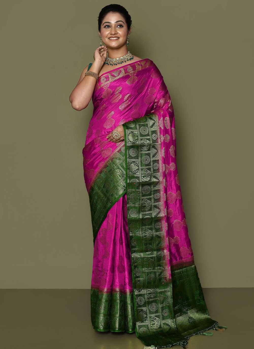 Contemporary Kanjivaram Silk Rani Weaving Saree