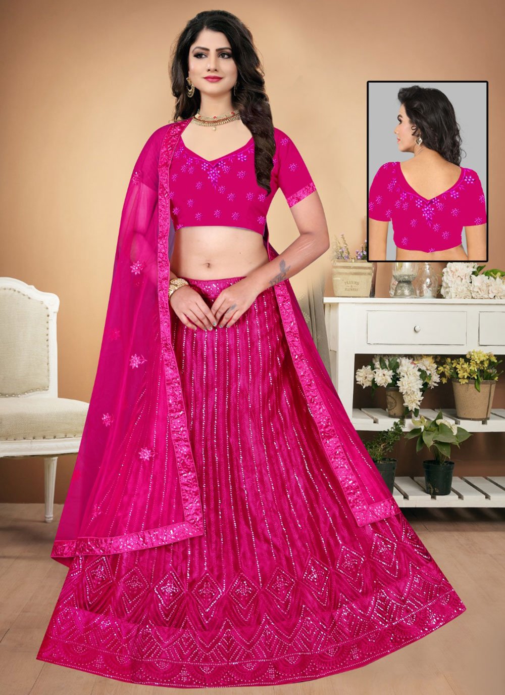 Lehenga Choli Net Rani Sequins Lehenga Choli