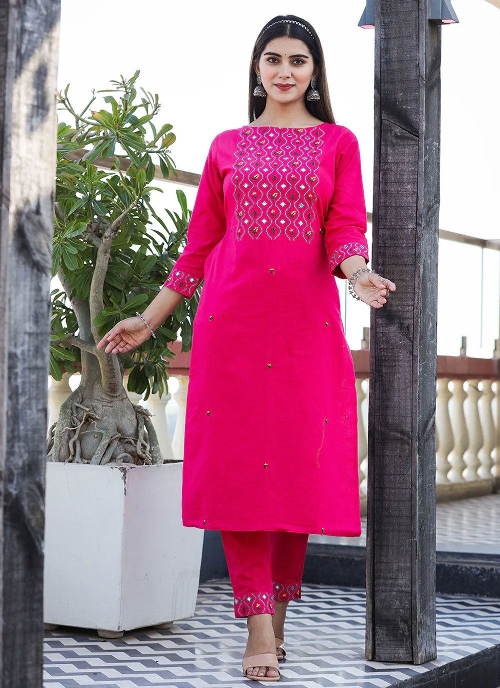 Designer Kurti Cotton Rani Embroidered Kurtis