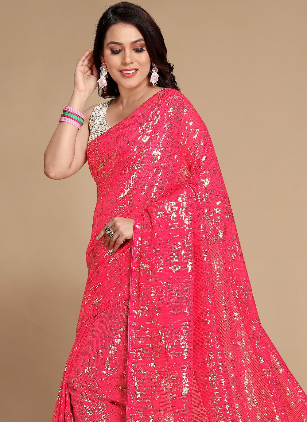 Contemporary Georgette Rani Sequins Saree