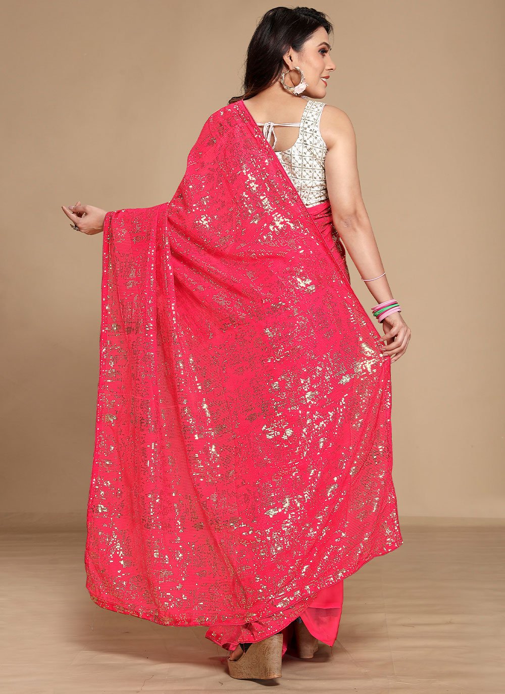 Contemporary Georgette Rani Sequins Saree