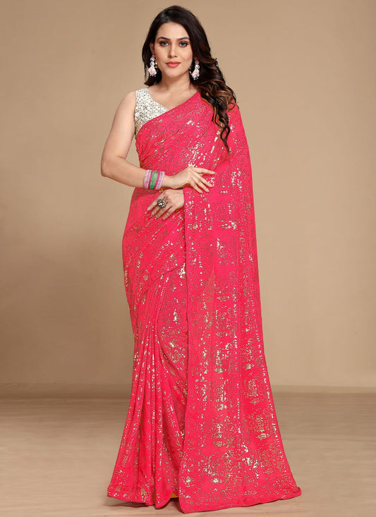 Contemporary Georgette Rani Sequins Saree