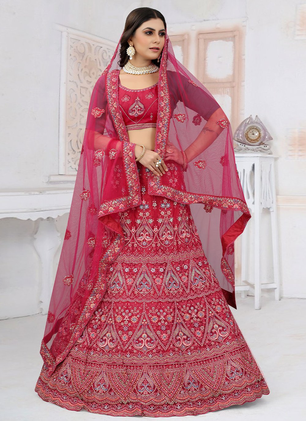 A Line Lehenga Net Rani Embroidered Lehenga Choli