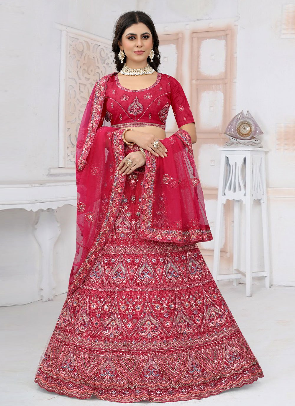 A Line Lehenga Net Rani Embroidered Lehenga Choli