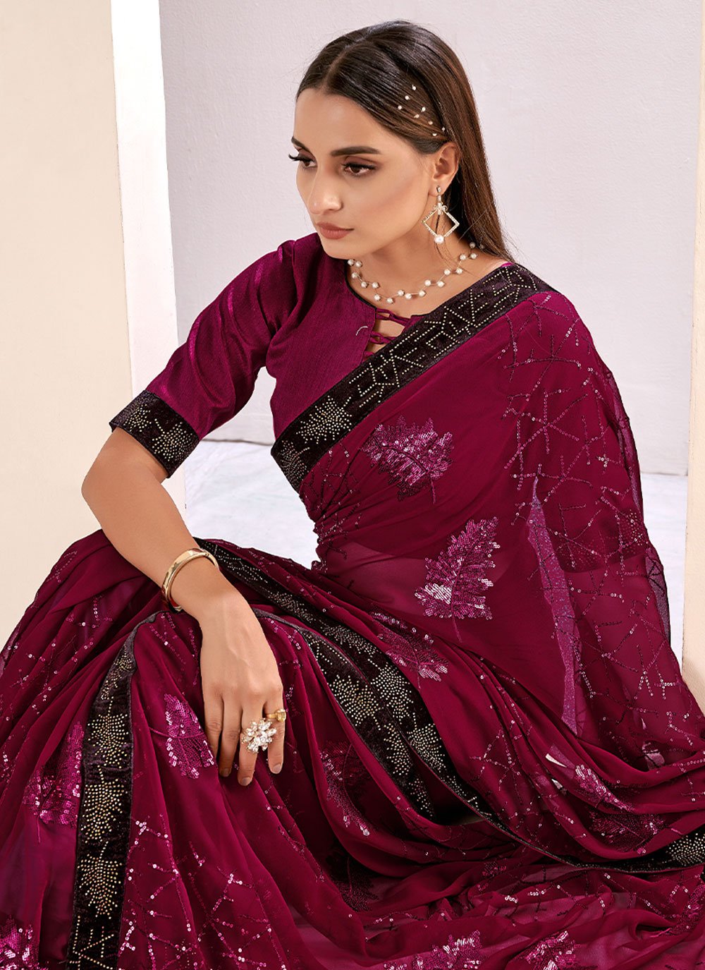 Classic Bembarg Georgette Rani Patch Border Saree