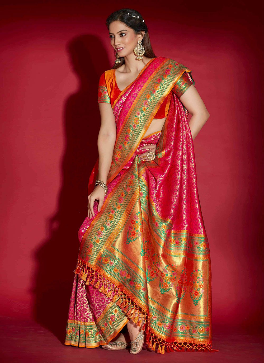 Designer Silk Rani Patch Border Saree