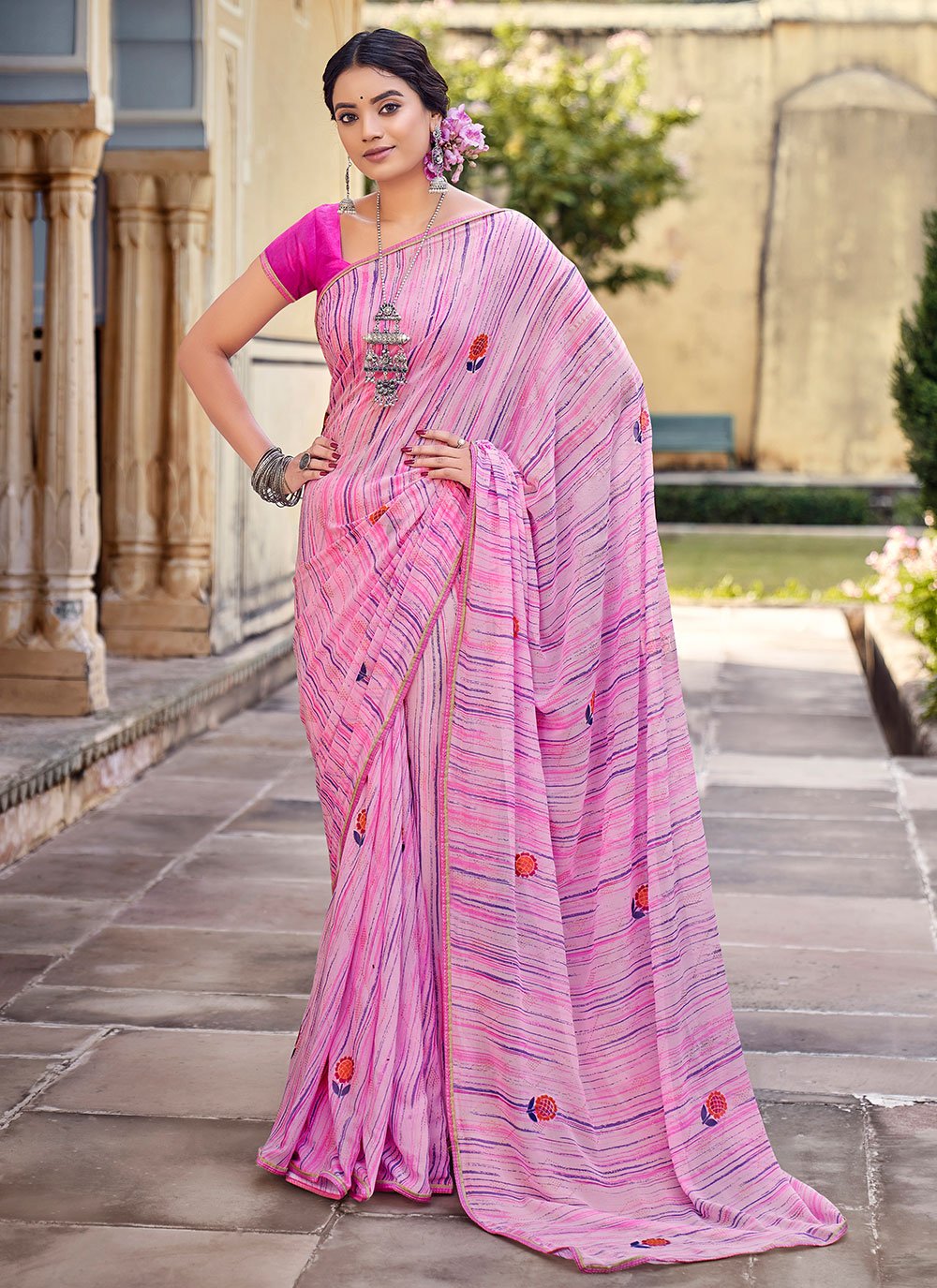 Classic Georgette Rani Print Saree