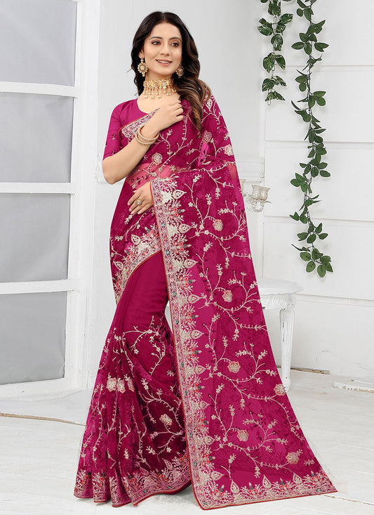 Designer Net Rani Embroidered Saree