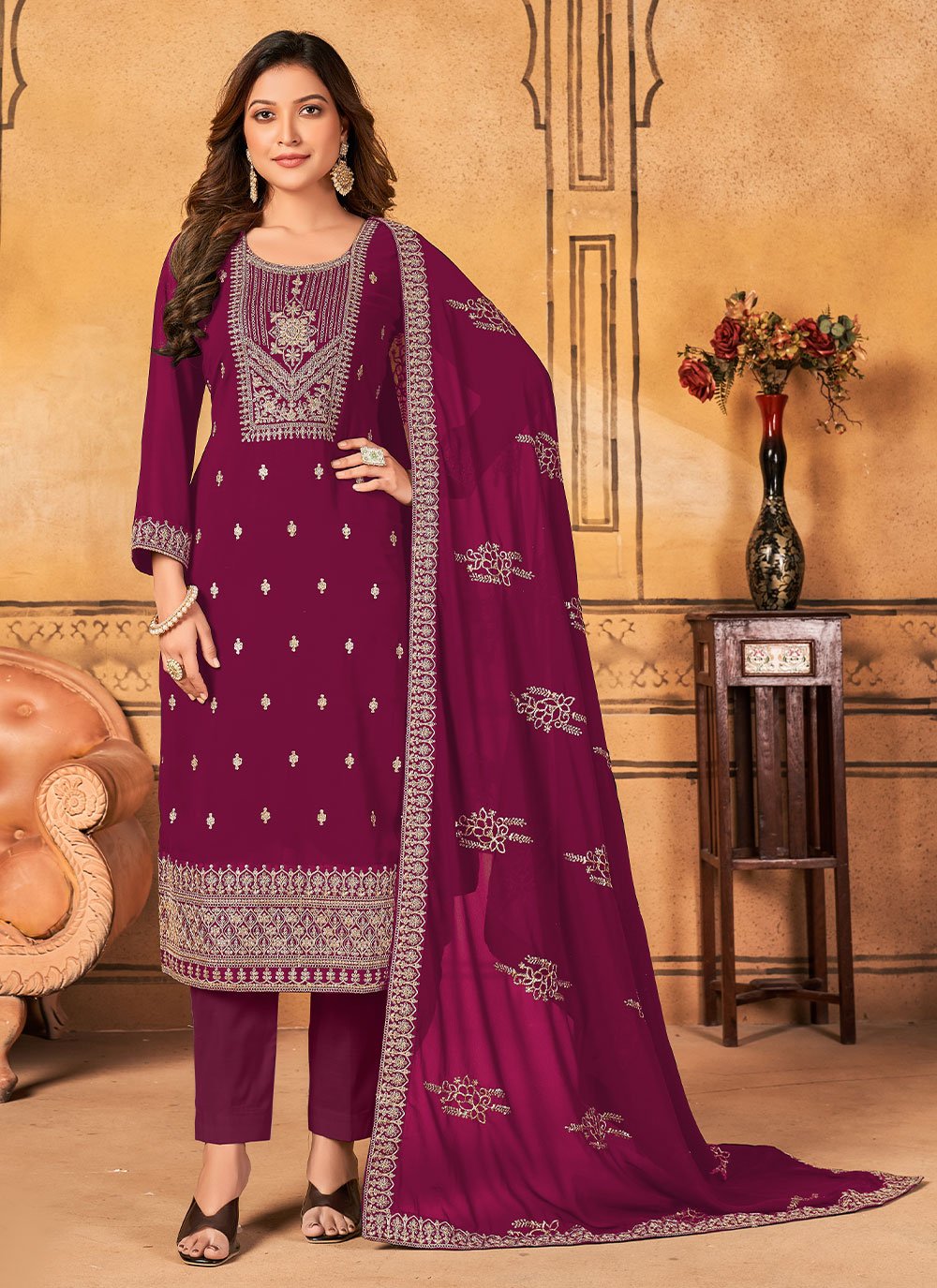 Salwar Suit Faux Georgette Rani Embroidered Salwar Kameez