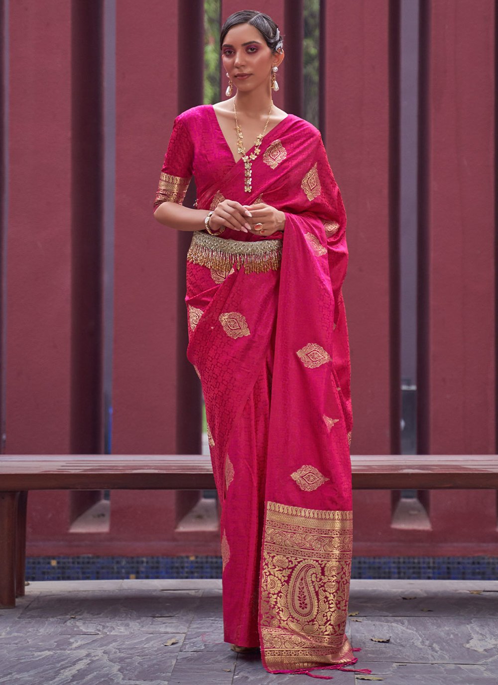 Contemporary Satin Silk Rani Weaving Saree