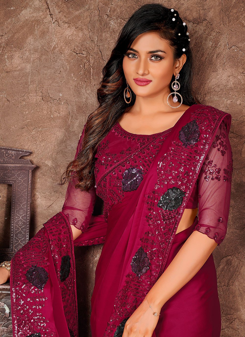 Classic Satin Silk Rani Embroidered Saree