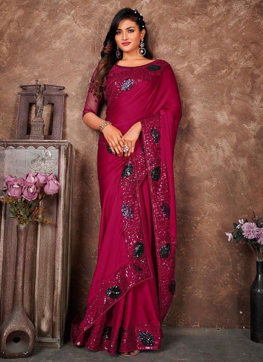 Classic Satin Silk Rani Embroidered Saree