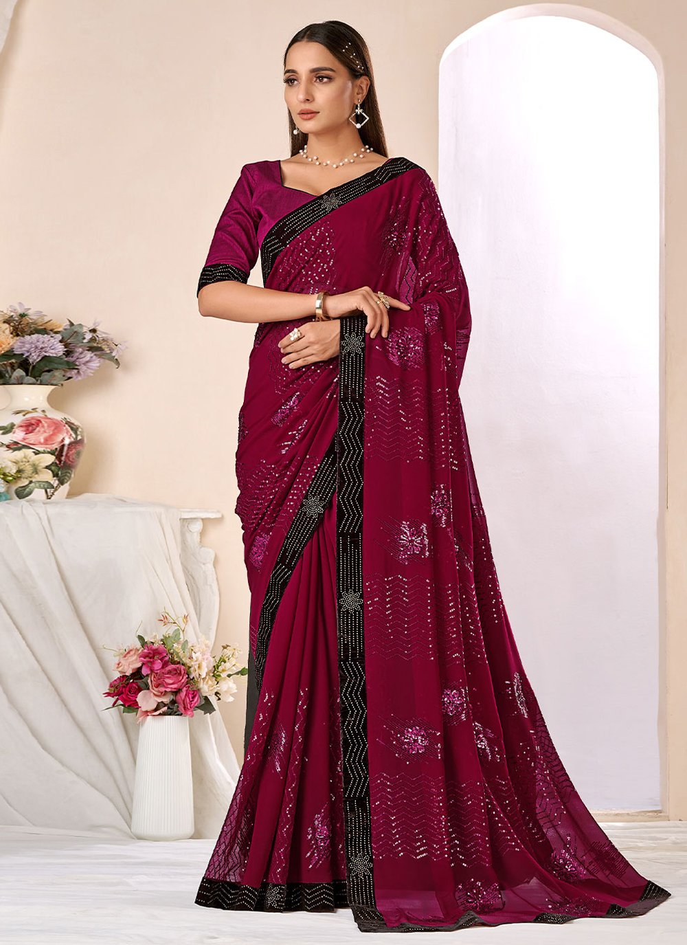 Contemporary Bembarg Georgette Rani Patch Border Saree