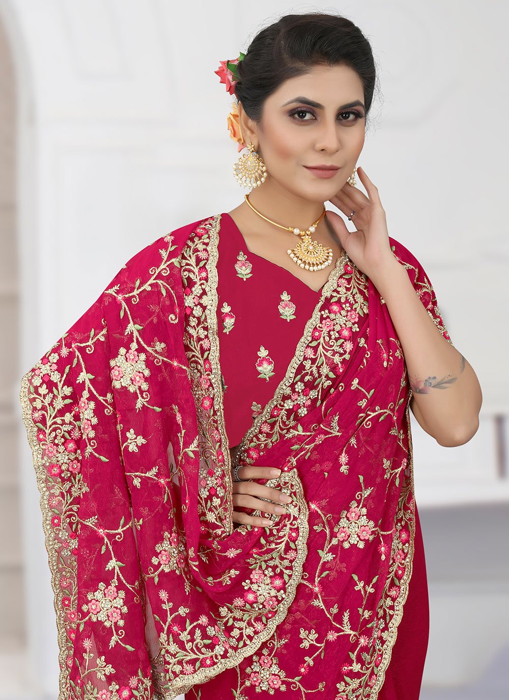 Classic Shimmer Rani Embroidered Saree