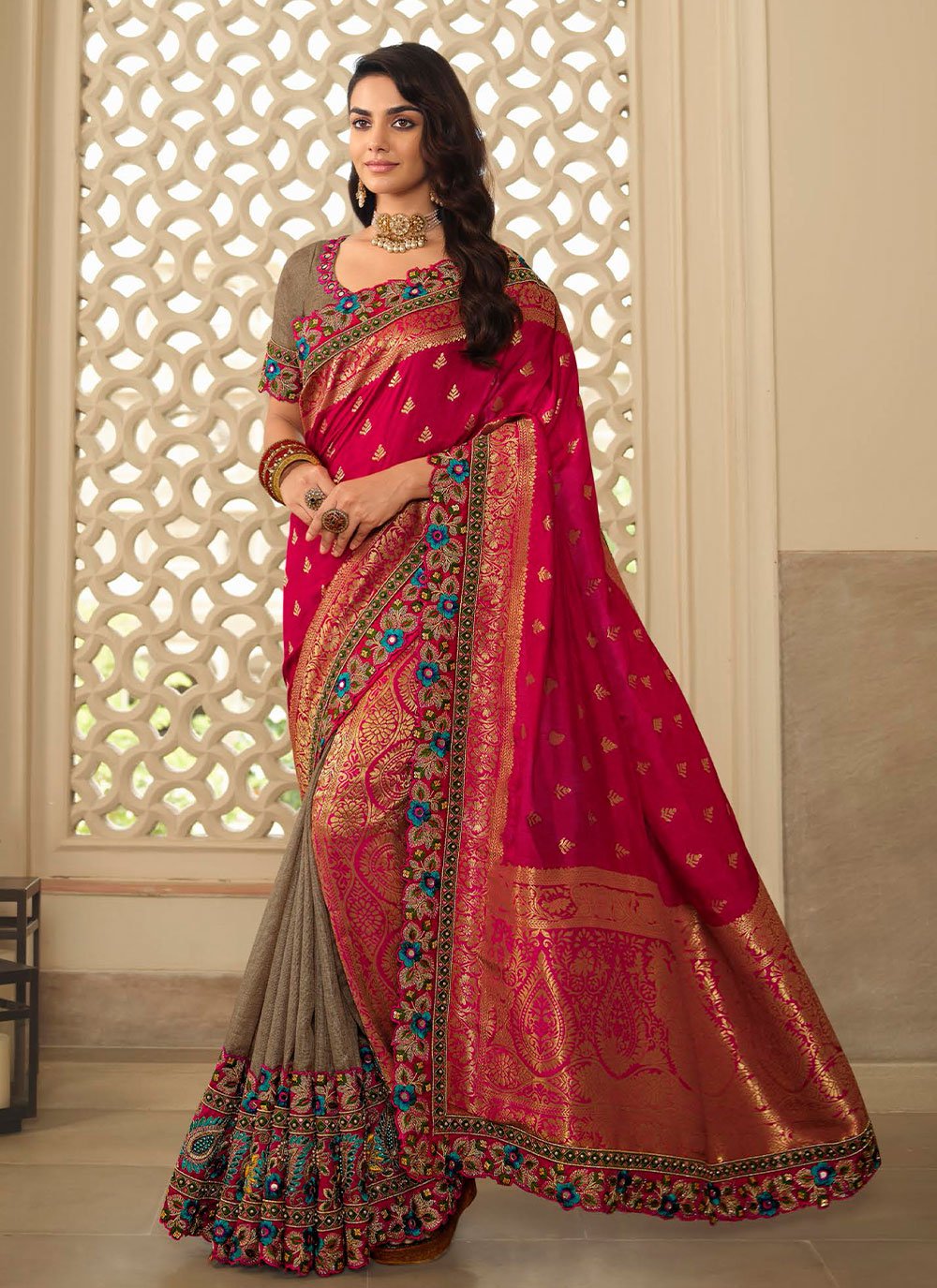 Traditional Saree Silk Rani Embroidered Saree