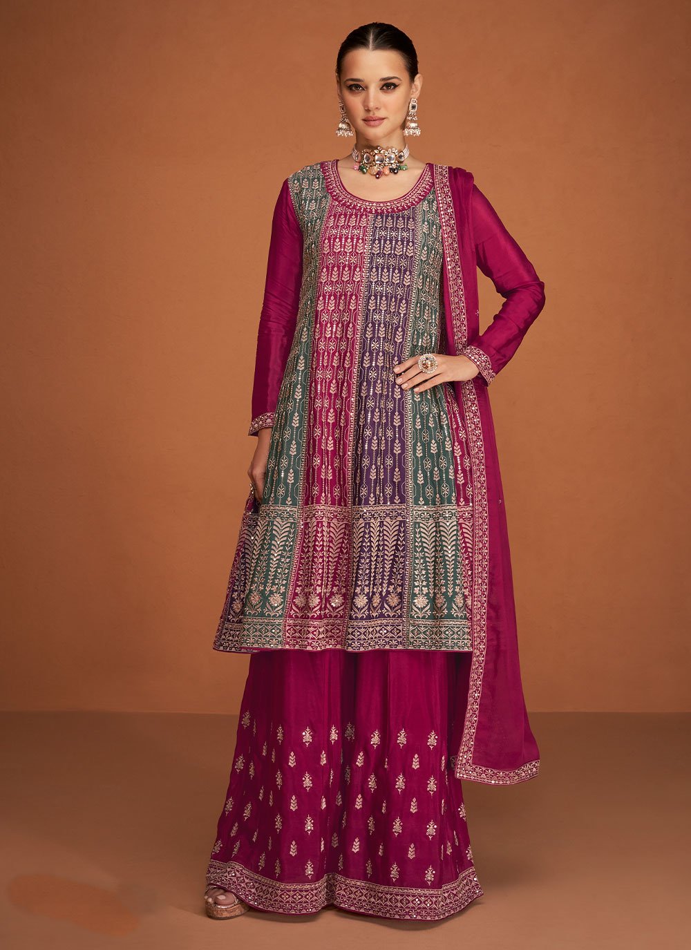 Salwar Suit Chinon Silk Rani Buttons Salwar Kameez