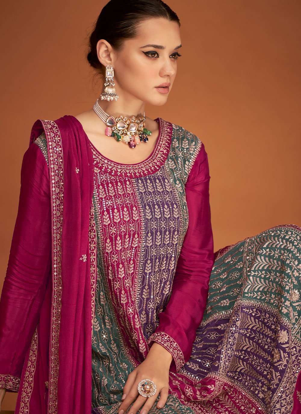 Salwar Suit Chinon Silk Rani Buttons Salwar Kameez