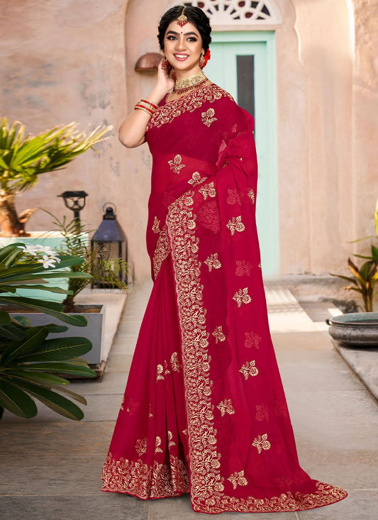 Classic Shimmer Silk Rani Embroidered Saree