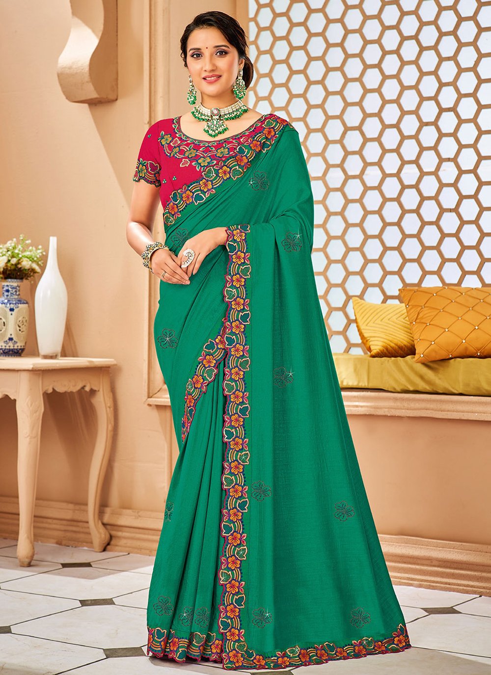 Contemporary Raw Silk Green Embroidered Saree