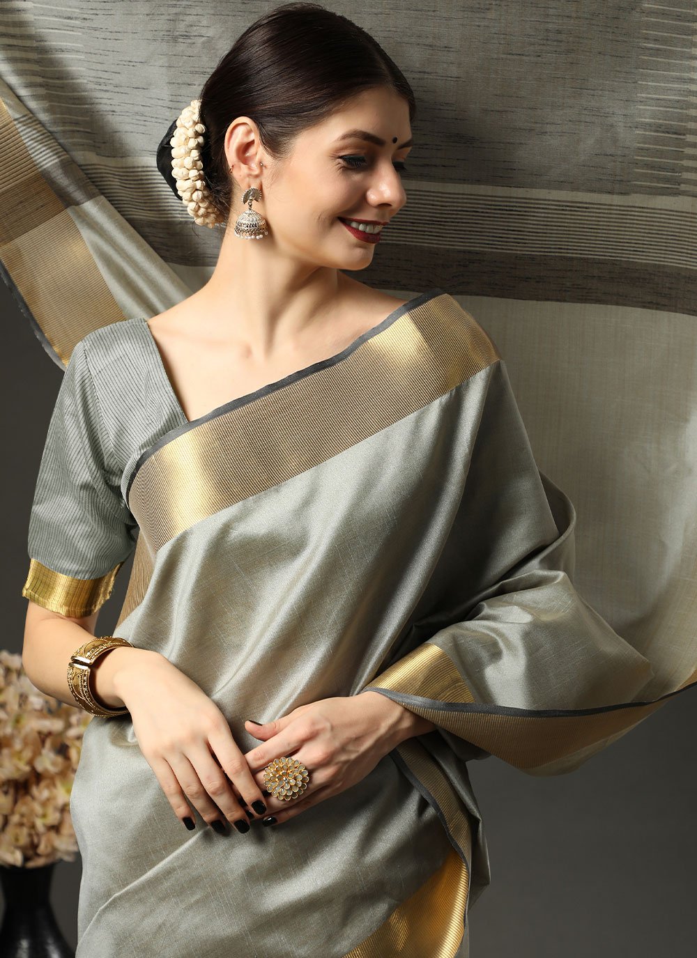 Classic Raw Silk Grey Patch Border Saree