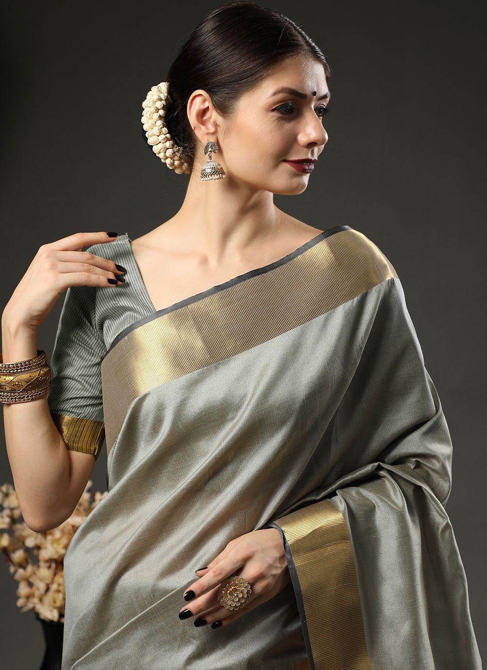 Classic Raw Silk Grey Patch Border Saree